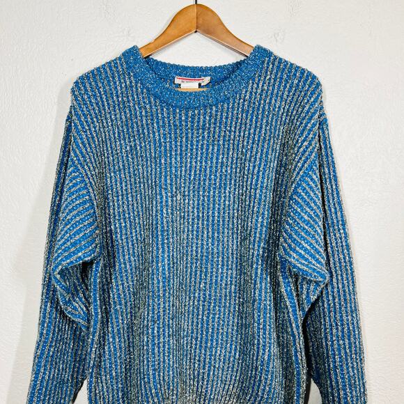 Vintage 90s Moustache Ribbed Crewneck Sweater Blue Grey - S - Picture 2 of 6